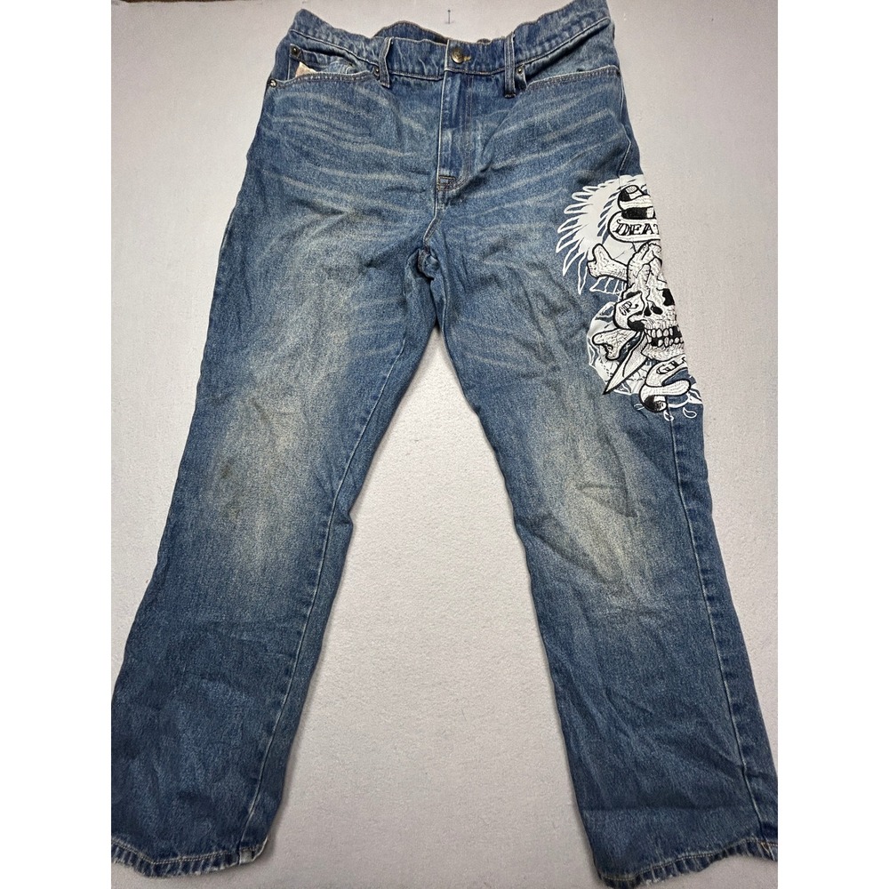 Ed Hardy Graphic Print Jeans 100% Cotton Blue Denim 36 Mens